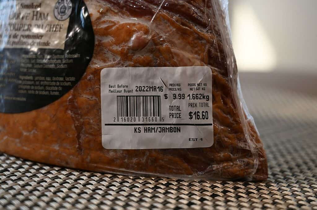 Image of the price tag on the Costco Kirkland Signature Master Carve Ham showing weight and cost. 