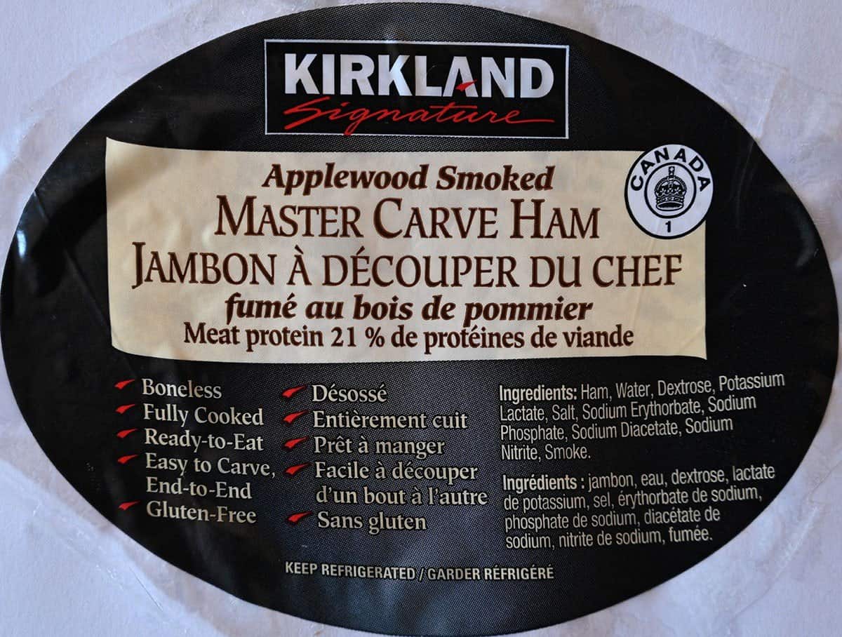 Closeup image of the Costco Kirkland Signature Master Carve Ham label from the front of the ham. 