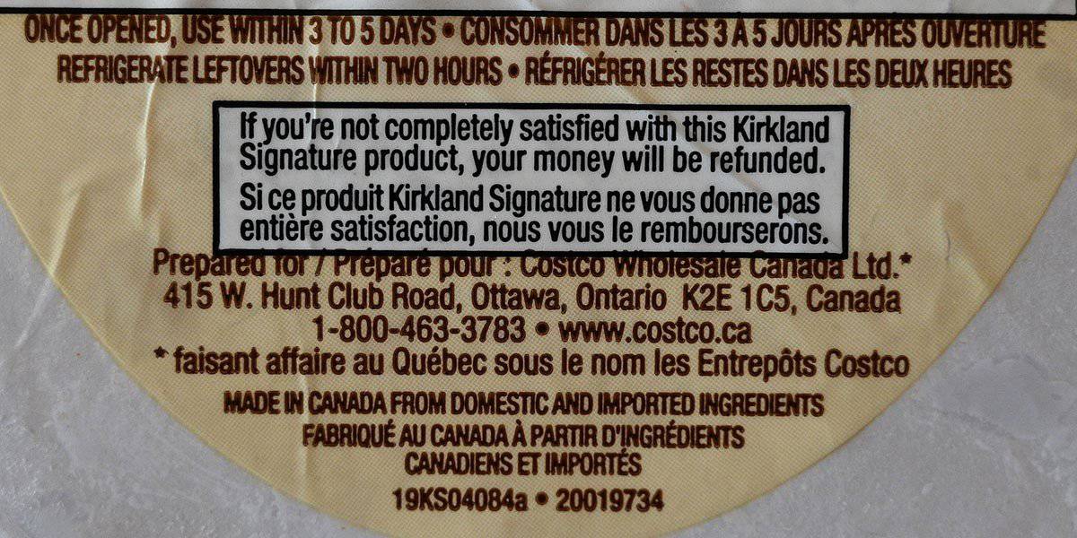 Label on Costco Kirkland Signature Master Carve Ham saying to use ham within three to five days of opening. 