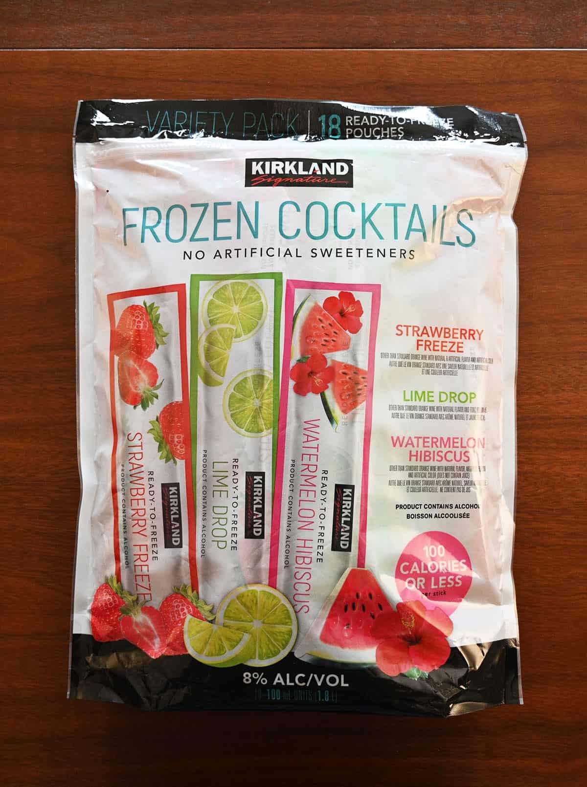 Costco Kirkland Signature Frozen Cocktails bag sitting on a table, top down image. 