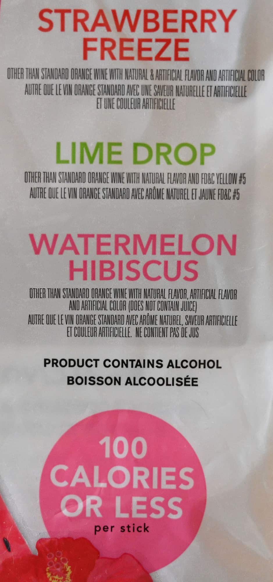 Image of product description from the bag of the Costco Kirkland Signature Frozen Cocktails. 