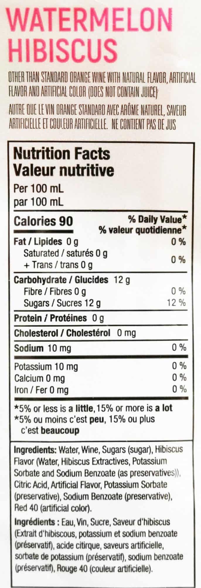 Watermelon Hibiscus nutrition facts and ingredients label. 