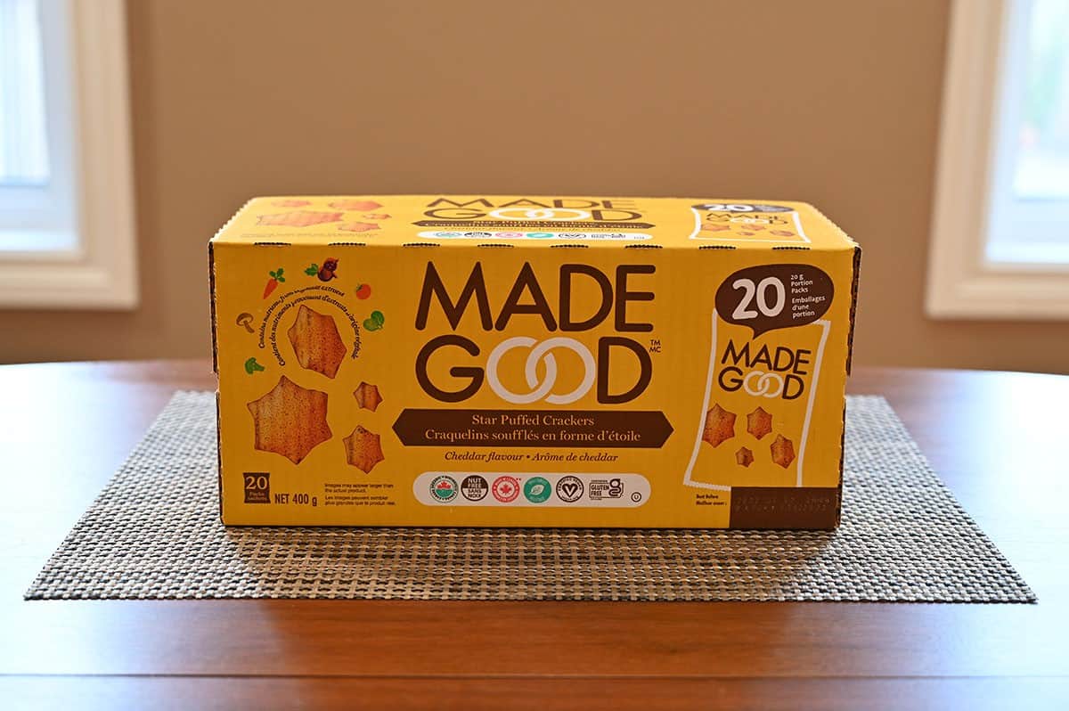 Box of Costco MadeGood Star Puffed Crackers sitting on a table. 