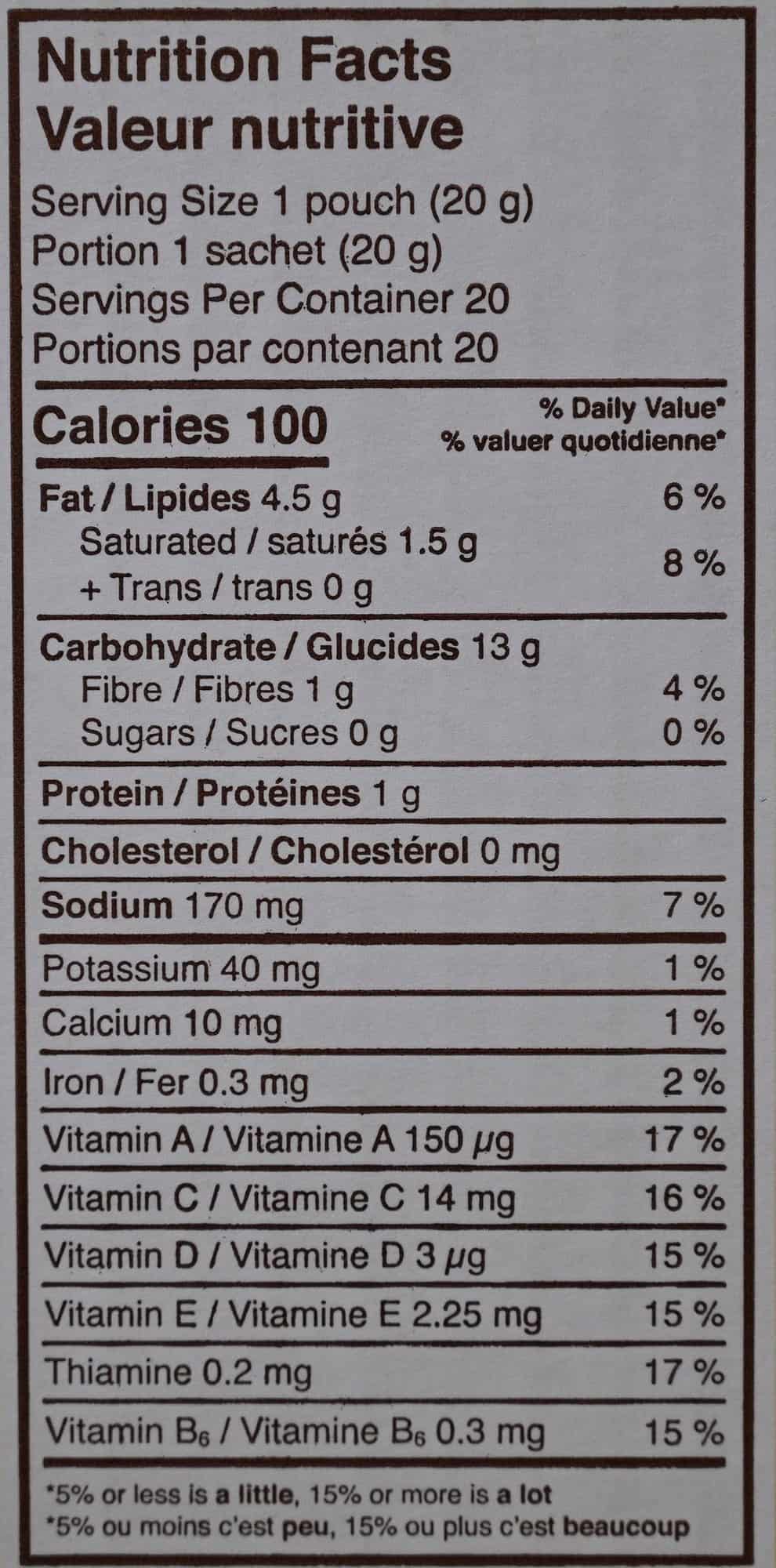 Costco MadeGood Star Puffed Crackers nutrition facts from box. 
