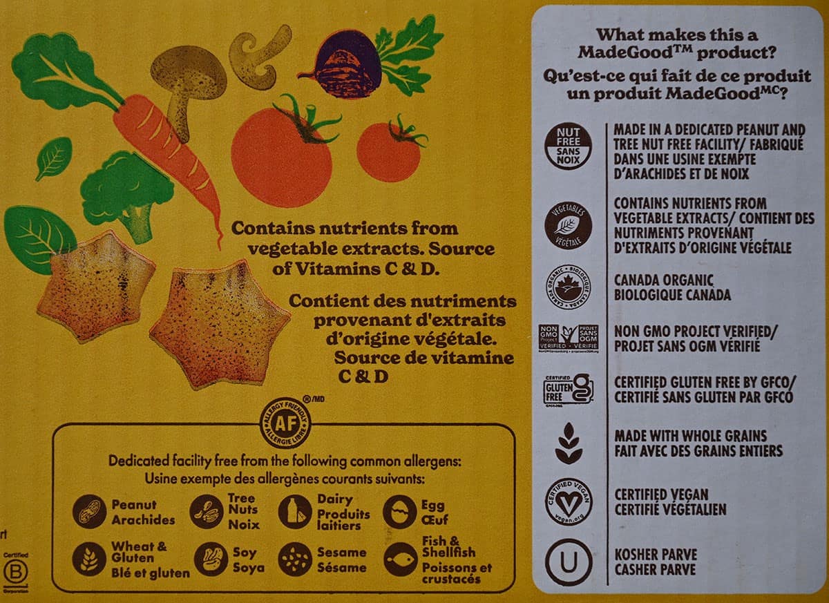 Image of the back of the box of the Costco MadeGood Star Puffed Crackers showing they're free from allergens. 