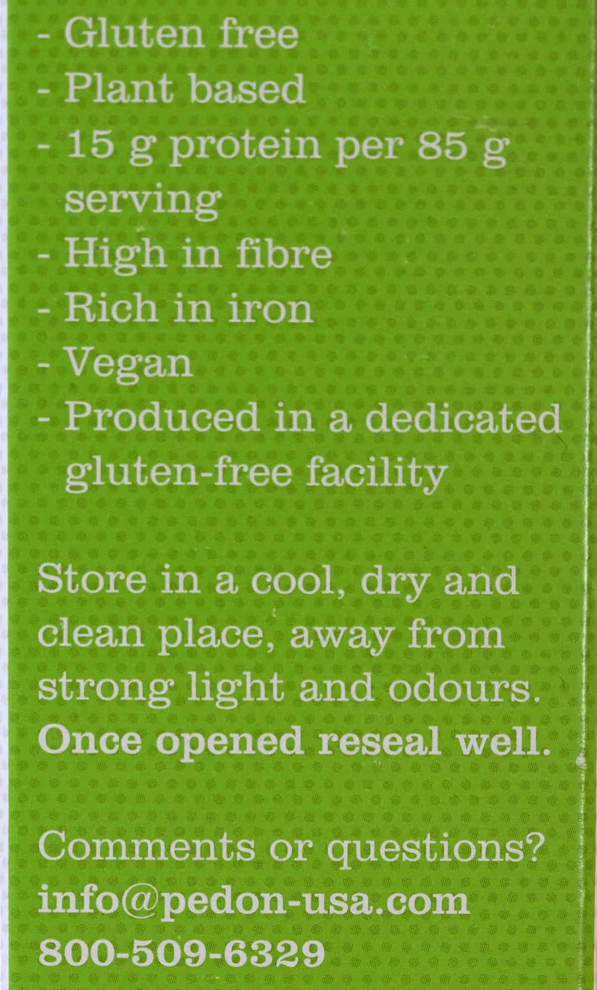 Pedon Four Bean Linguine product description from box. 