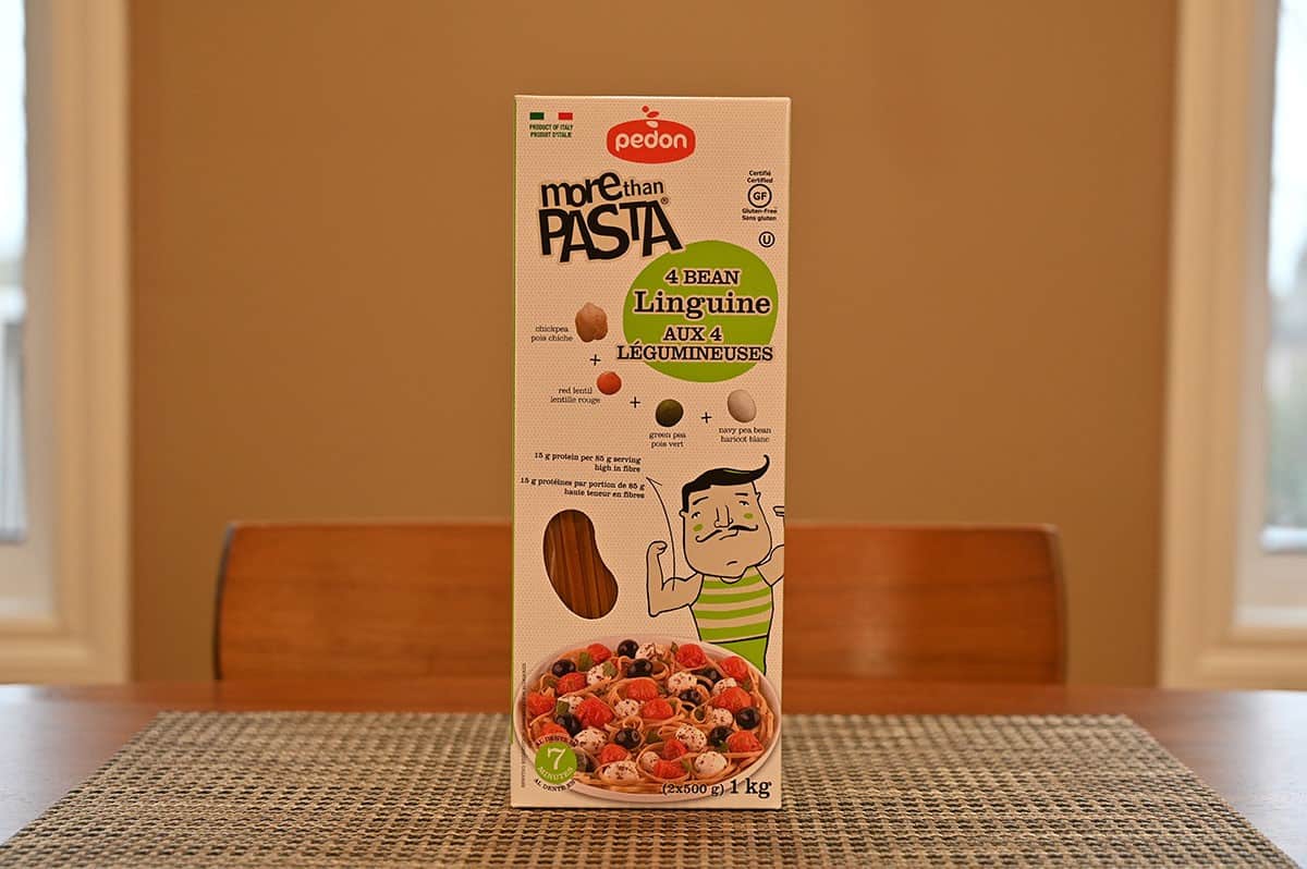 Costco Pedon More Than Pasta Four Bean Linguine box sitting on a table. 