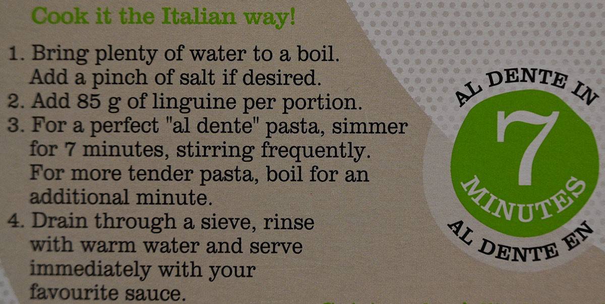 Pedon Four Bean Linguine from Costco cooking instructions from box. 