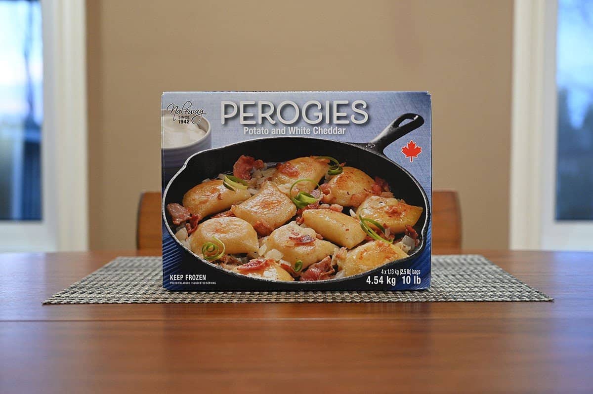 Costco Naleway Potato and White Cheddar Perogies box sitting on a table. 