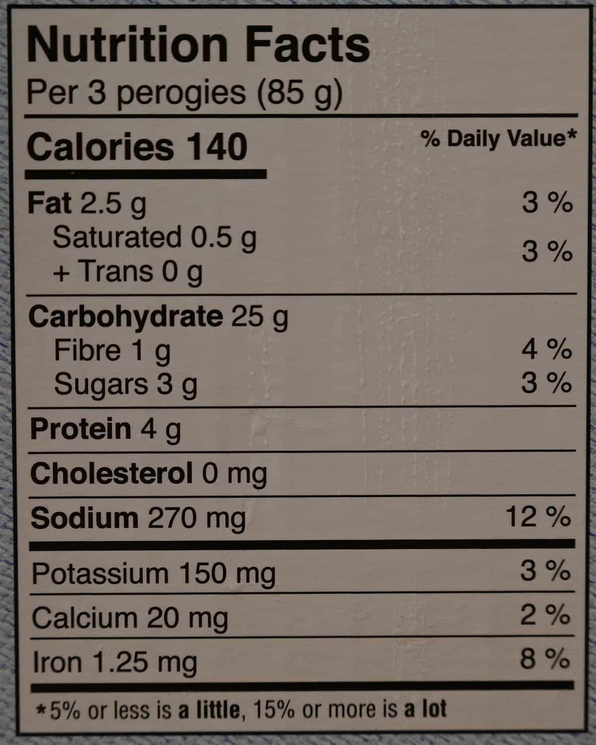 Costco Naleway Potato and White Cheddar Perogies nutrition facts from box. 