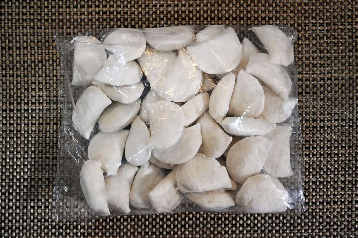 Image of one bag of the Naleway Perogies from Costco, sitting on a table. 