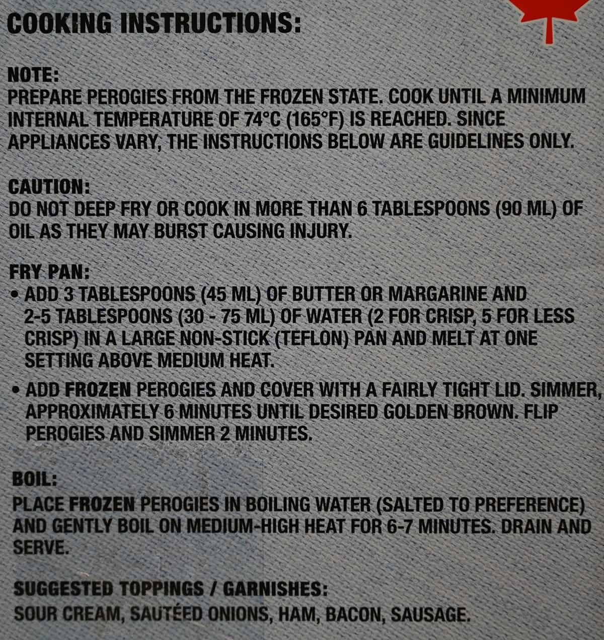 Cooking instructions from the box of the Costco Naleway Potato and White Cheddar Perogies. 