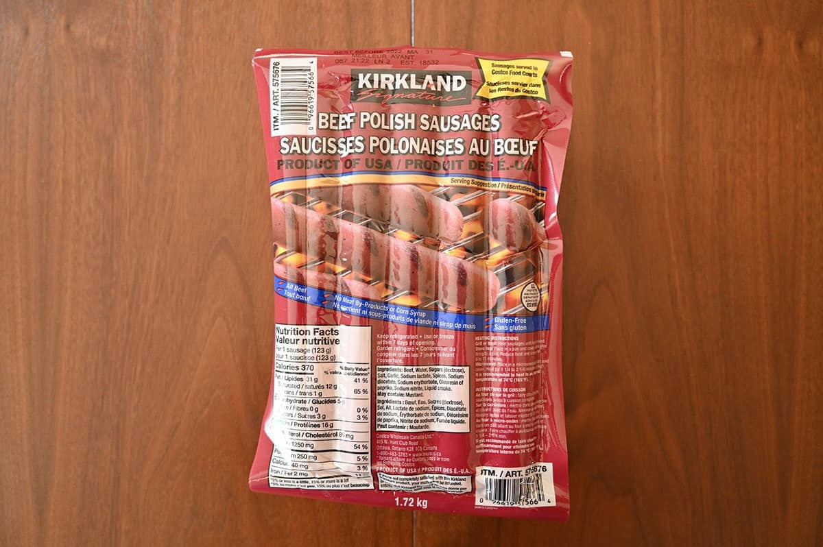 Costco Kirkland Signature Beef Polish Sausages package on a table. 