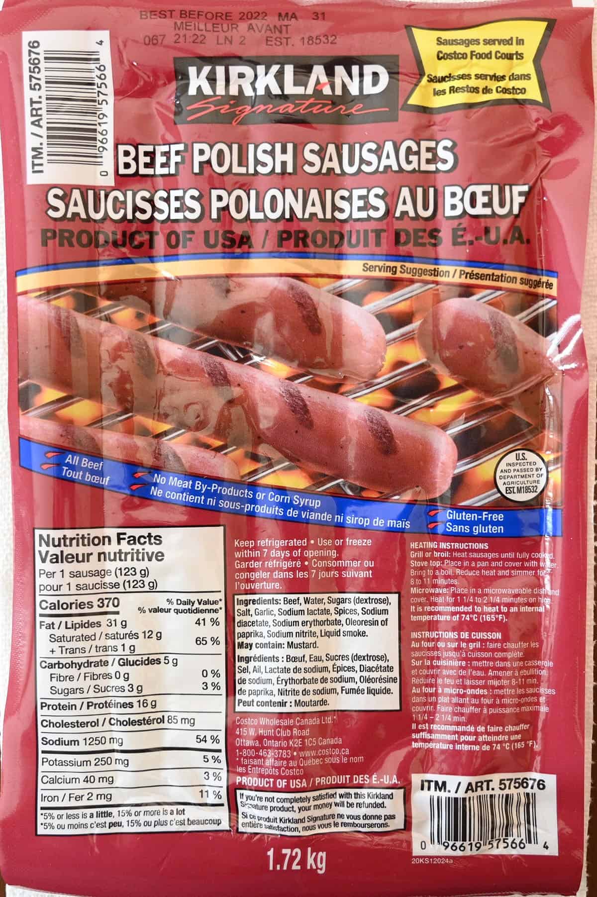 Costco Kirkland Signature Beef Polish Sausages package, close up image. 