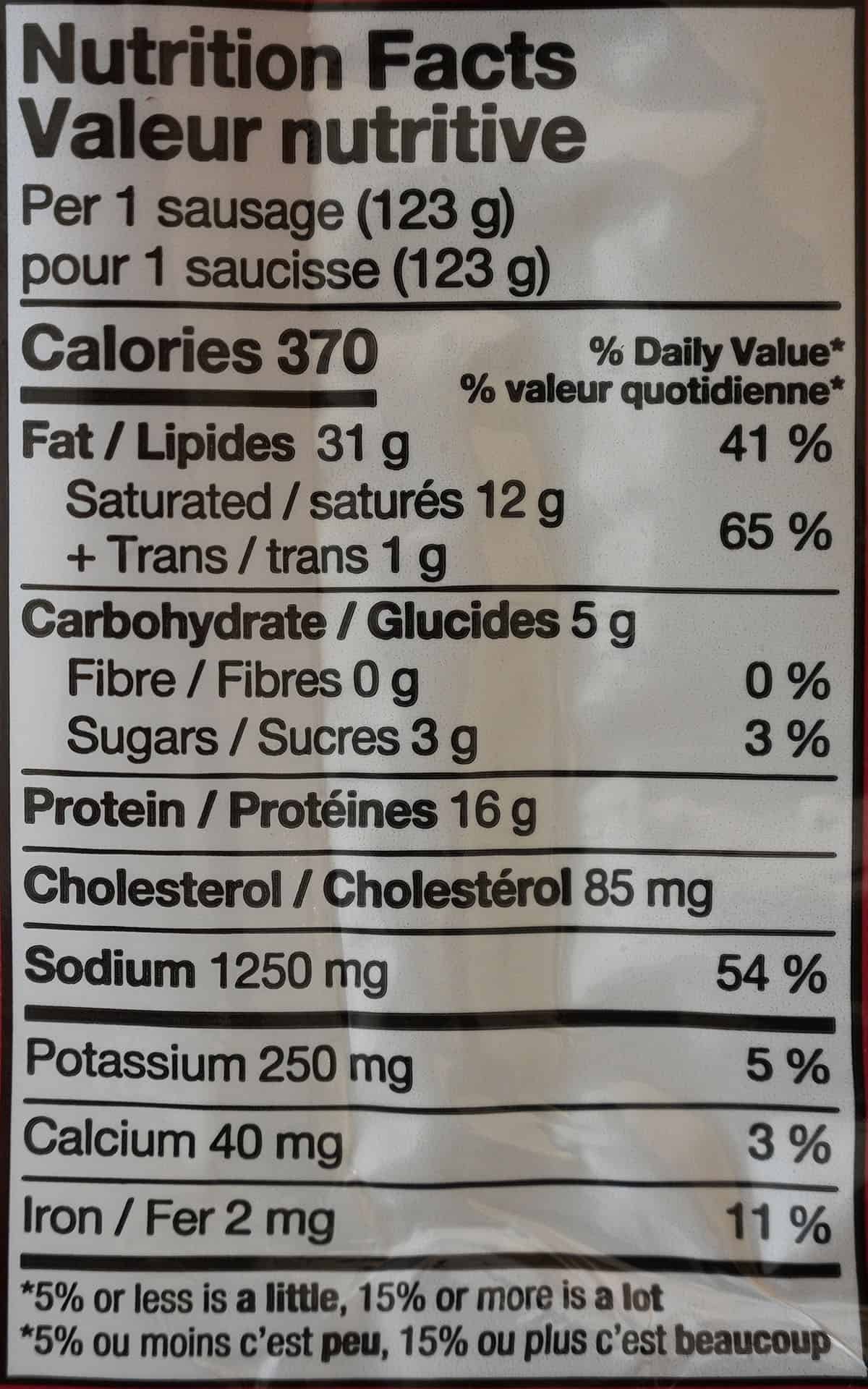Costco Kirkland Signature Beef Polish Sausages nutrition facts from package. 
