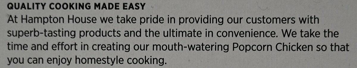 Costco Hampton House Popcorn Chicken  product description from box. 