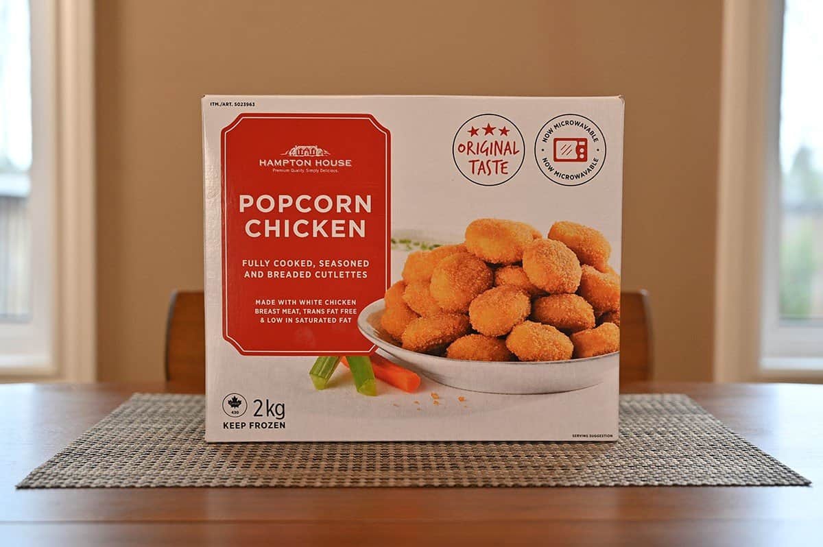 Costco Hampton House Popcorn Chicken box on a table. 