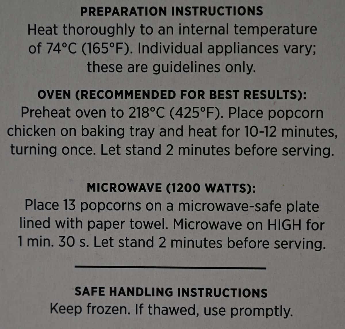 Costco Hampton House Popcorn Chicken cooking instructions/