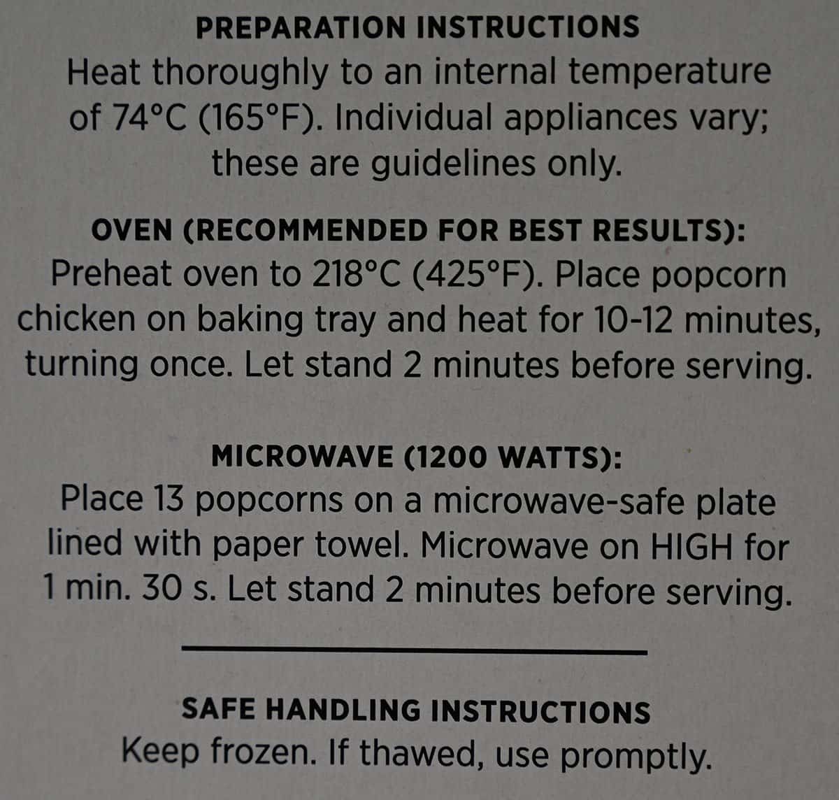 Costco Hampton House Popcorn Chicken cooking instructions/