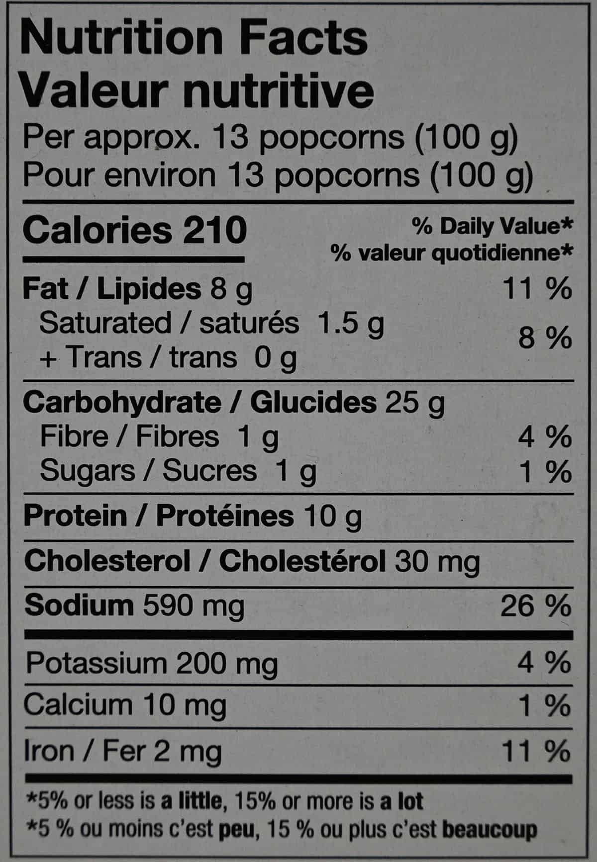 Costco Popcorn Chicken Nutrition Facts label from box. 