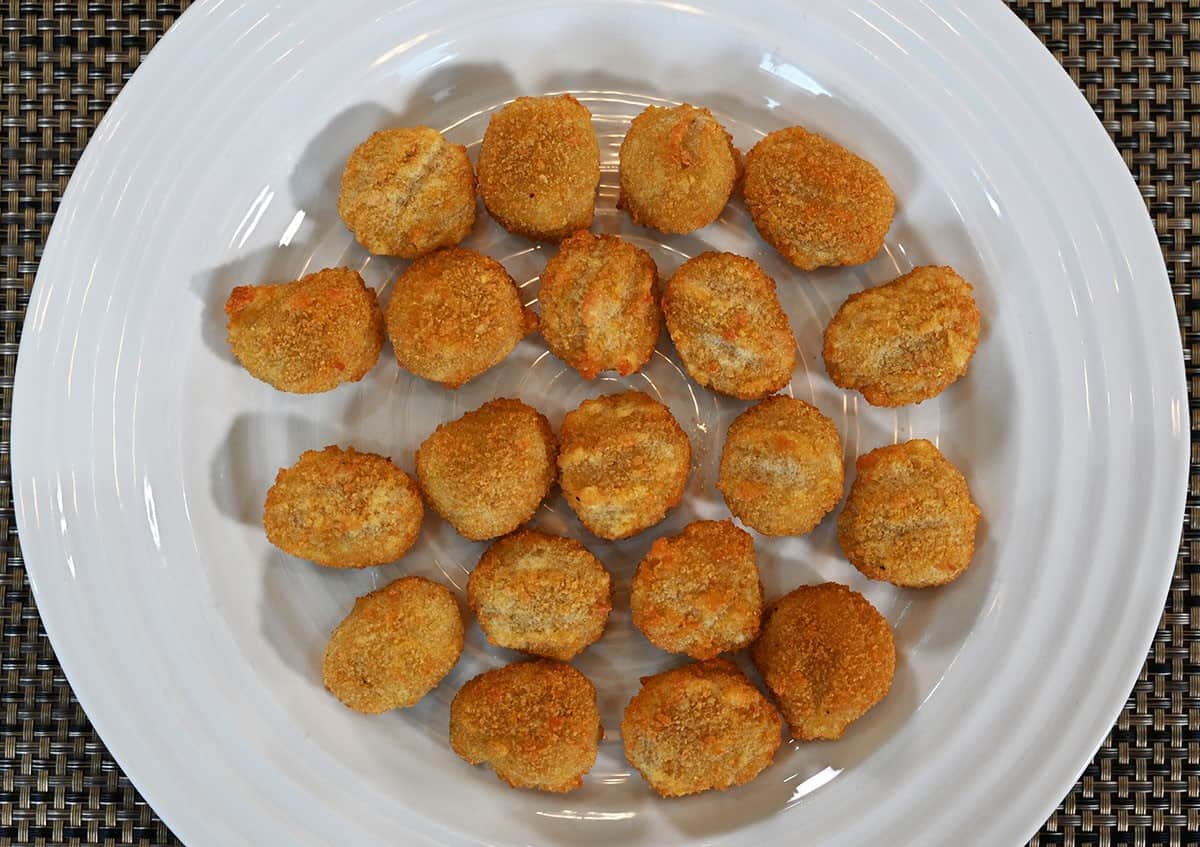 Costco Hampton House Popcorn Chicken cooked and on a white plate. Top down image. 