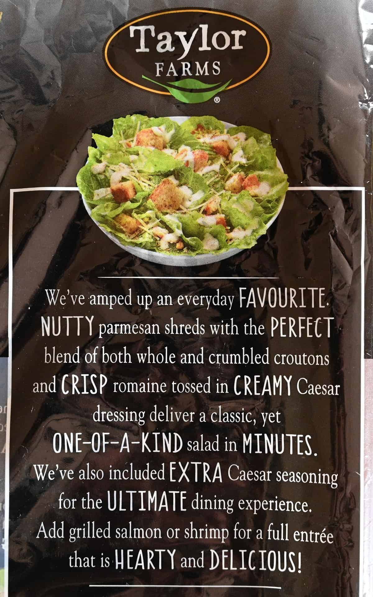 Costco Taylor Farms Ultimate Caesar Salad Kit product description from bag. 