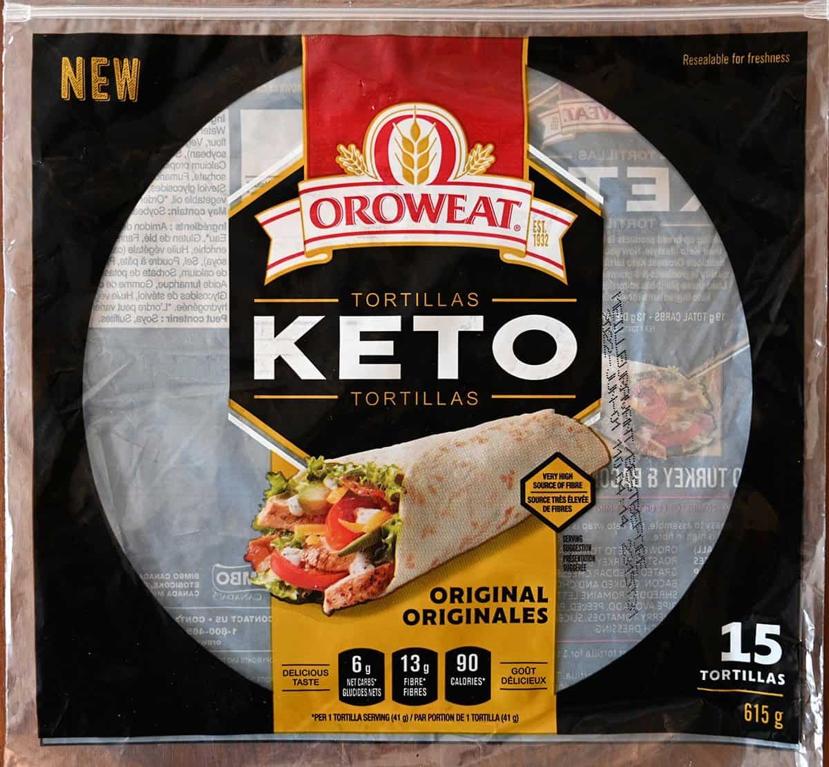 Empty Costco Orowheat Keto Tortillas package, top down image. 