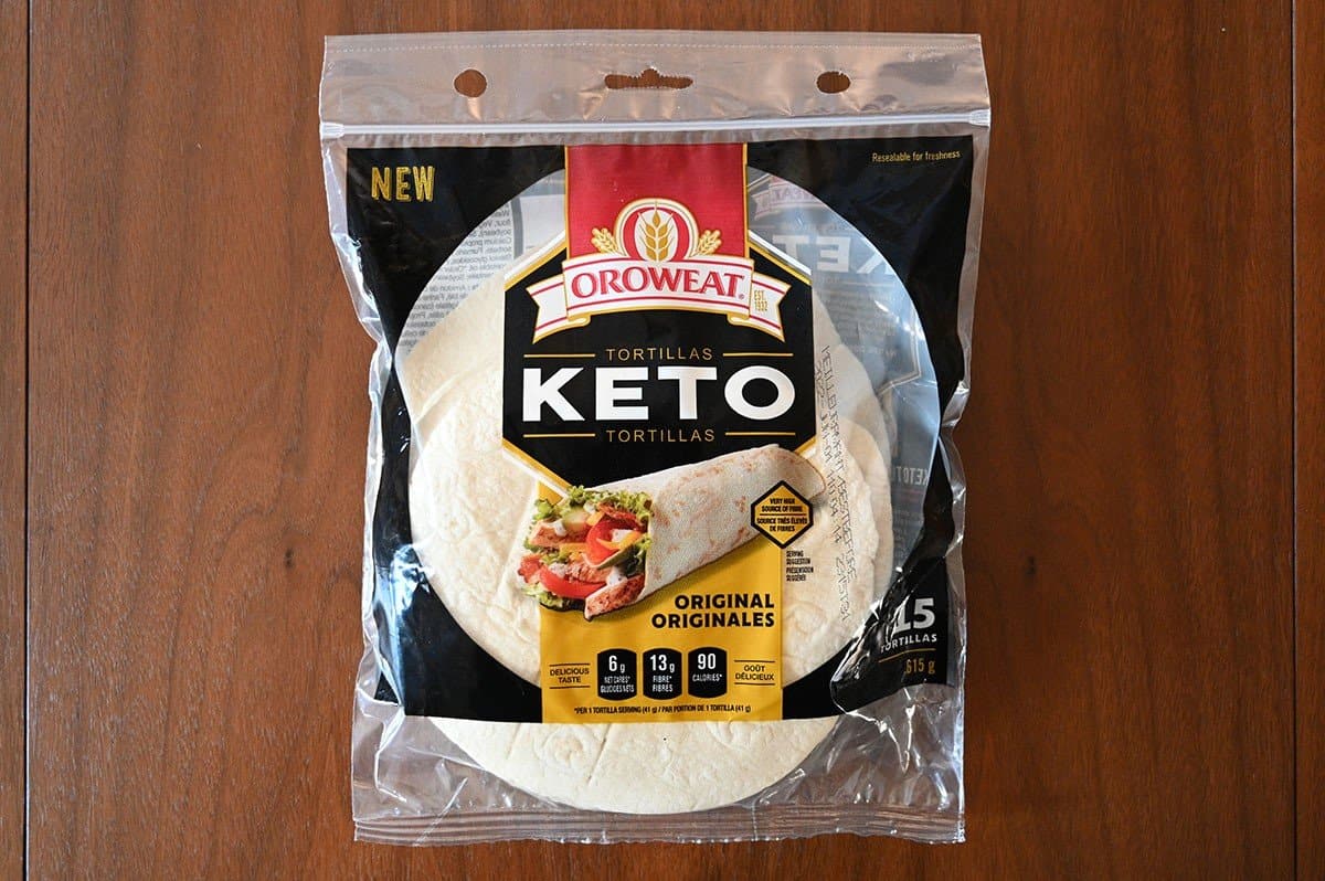 Costco Orowheat Keto Tortillas package on a table, top down image. 