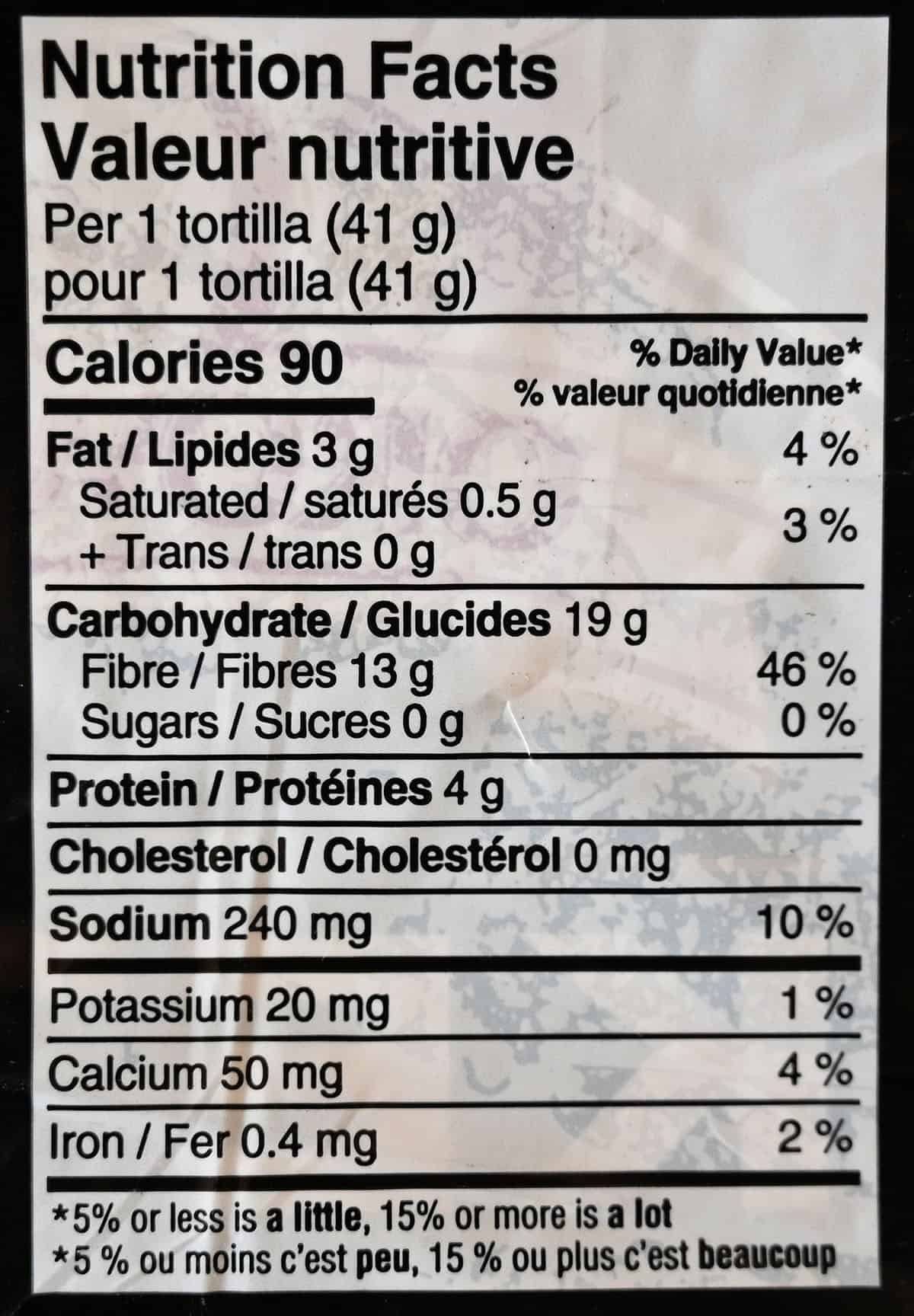 Costco Orowheat Keto Tortillas Nutrition Facts from bag. 