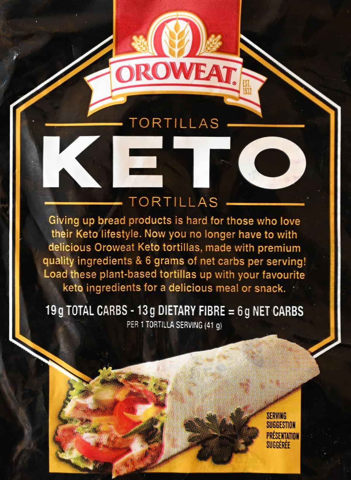 Costco Orowheat Keto Tortillas product description from the back of the bag. 