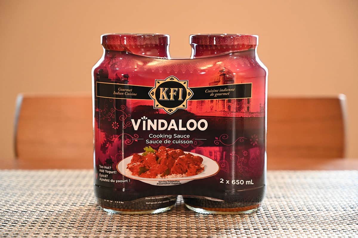 Costco KFI Vindaloo Cooking Sauce two-pack sitting on a table.  