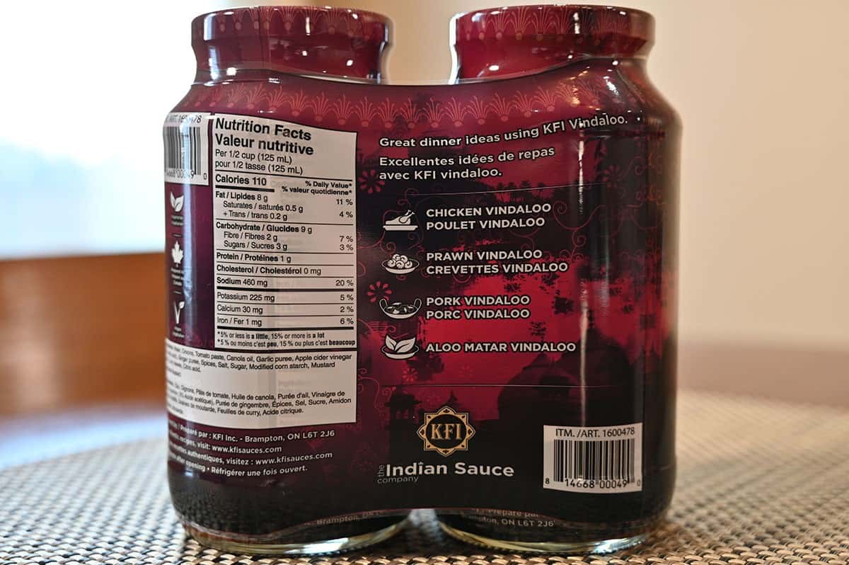 KFI Vindaloo Cooking Sauce label from the back of the jar. 