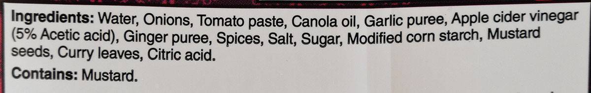 Costco KFI Vindaloo Cooking Sauce ingredients. 