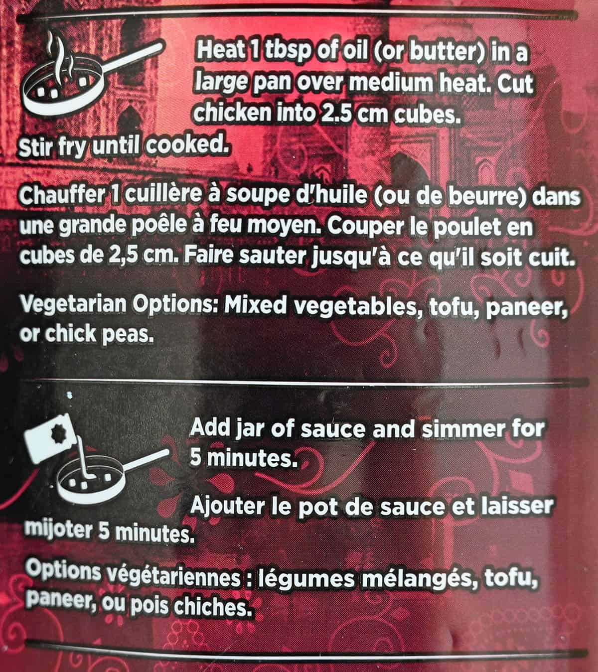 Costco KFI Vindaloo Cooking Sauce cooking instructions from box. 