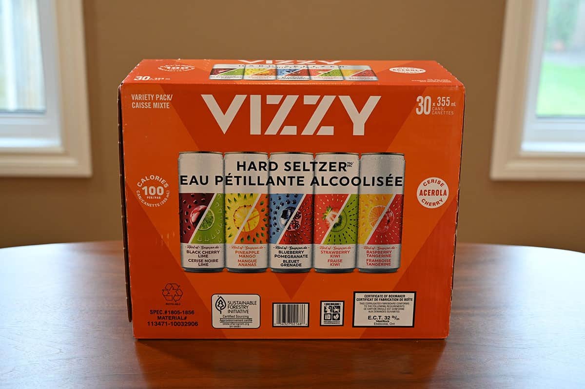 Image of the side of the Vizzy Hard Seltzer box on a table. 