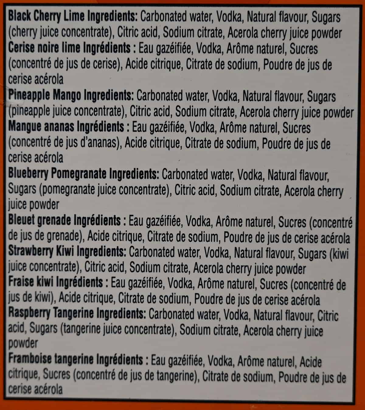 Costco Vizzy Hard Seltzer ingredients from box. 