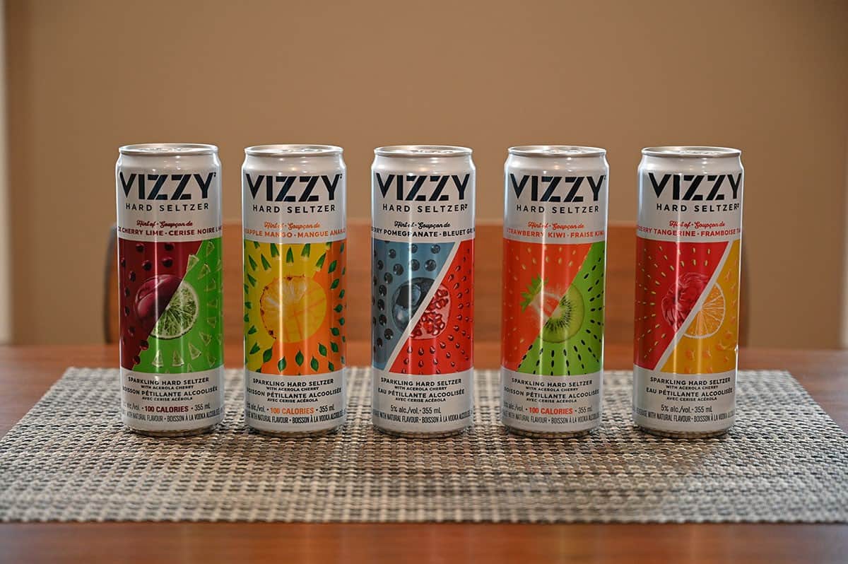 All five flavors of Vizzy cans lined up on a table. 
