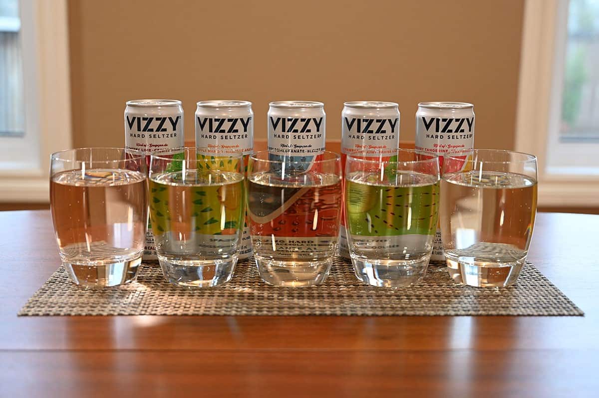 Five glasses of vizzy in front of five cans lined up, each flavor is poured from the can behind it. 