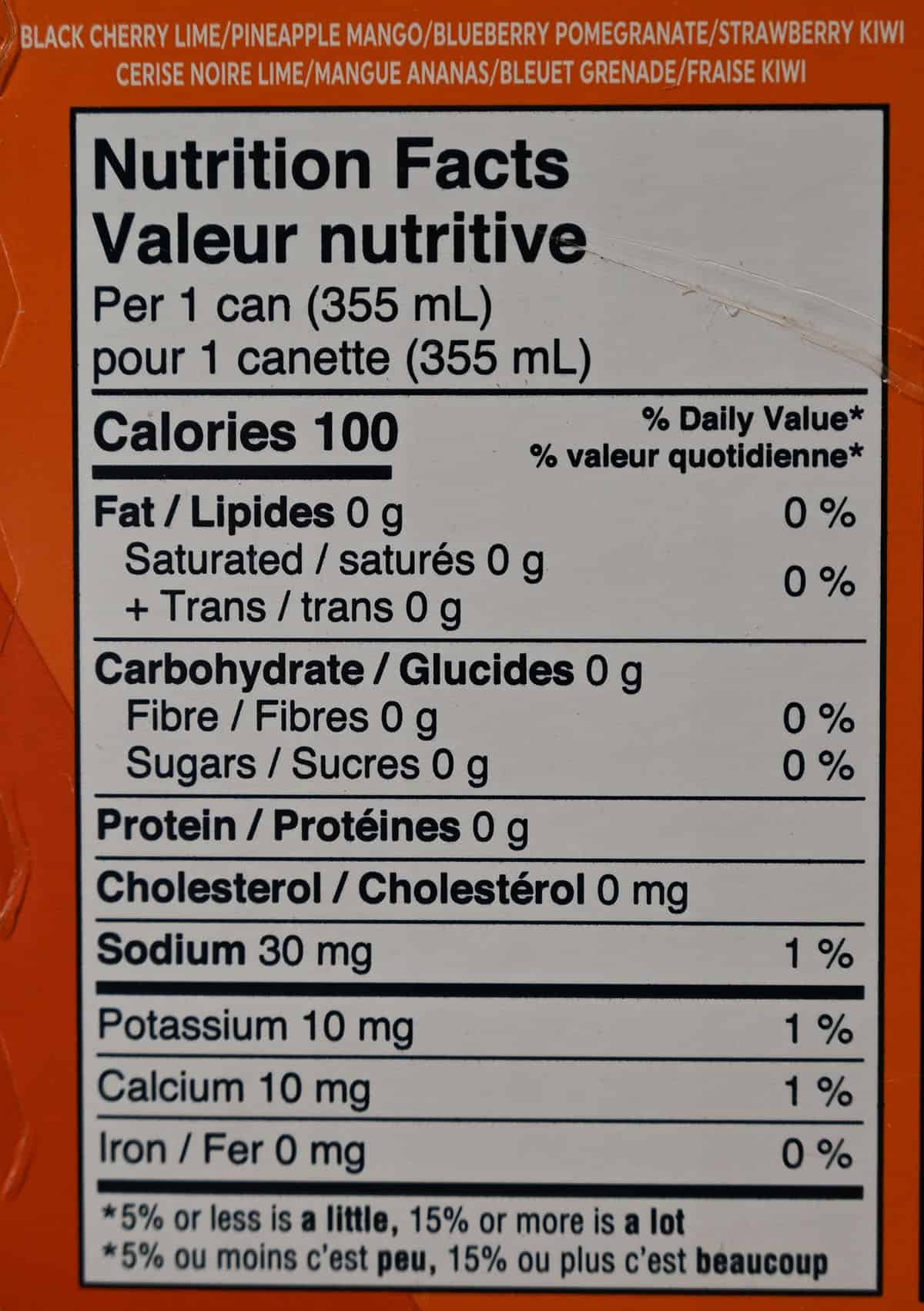 Costco Vizzy Hard Seltzer nutrition facts from box. 