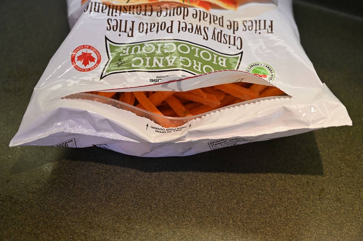 Image of the bag Costco Russet House Sweet Potato Fries showing that it's resealable. 
