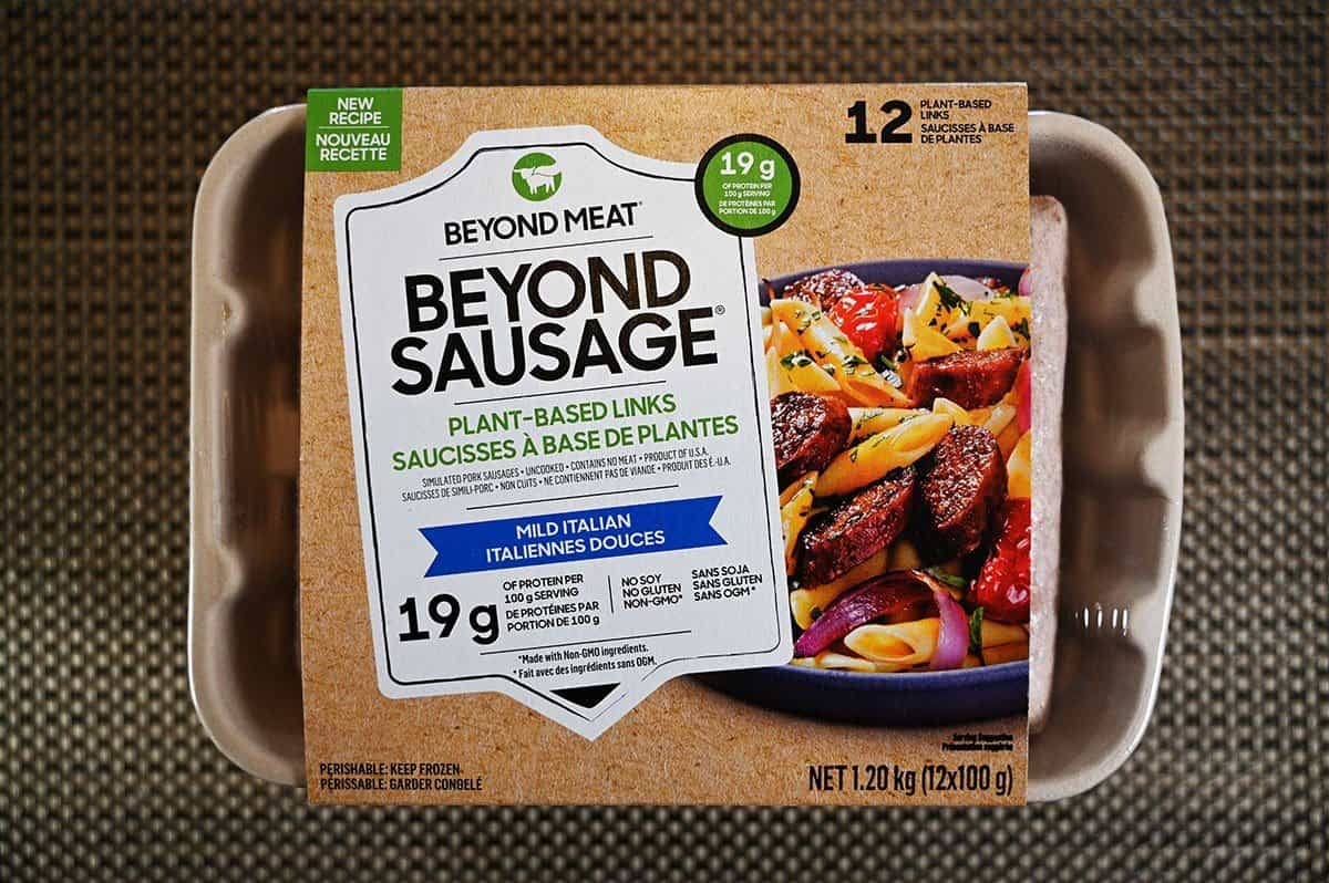 Costco Beyond Meat Beyond Sausage package sitting on a table. 