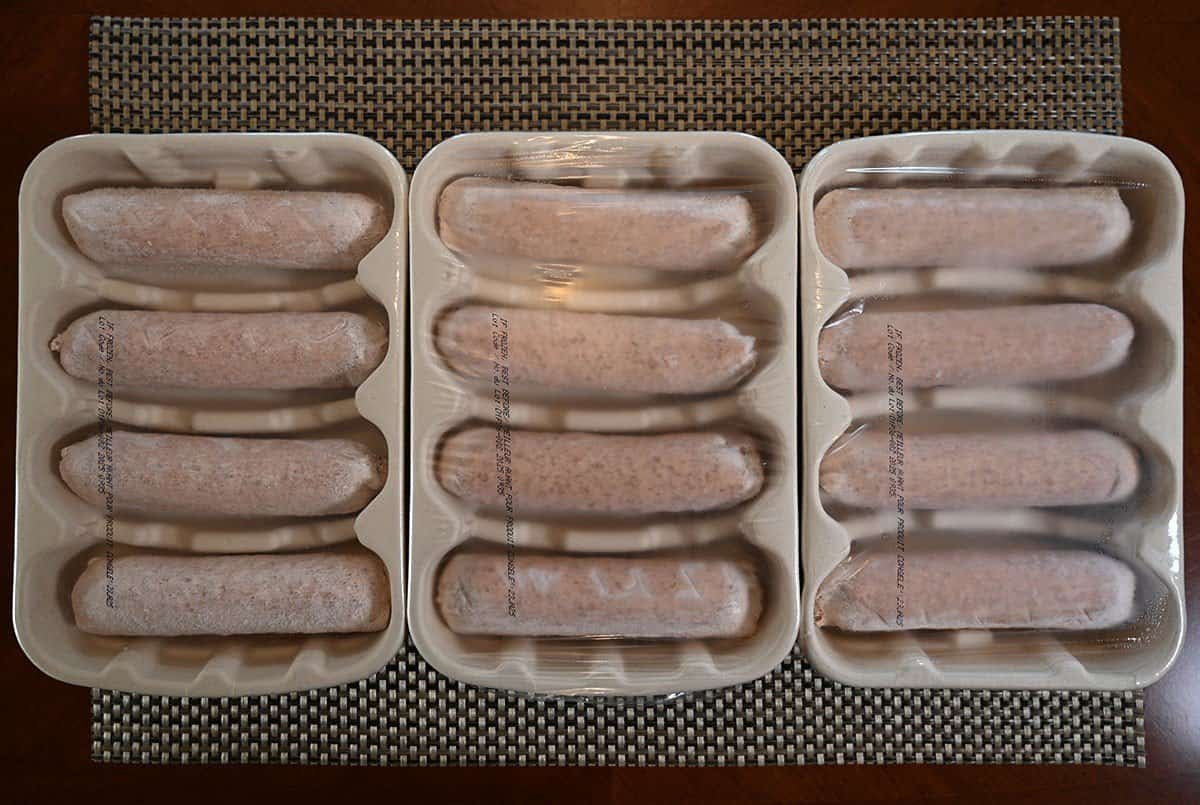 Image of three packs of beyond sausages with four sausages in each pack. 
