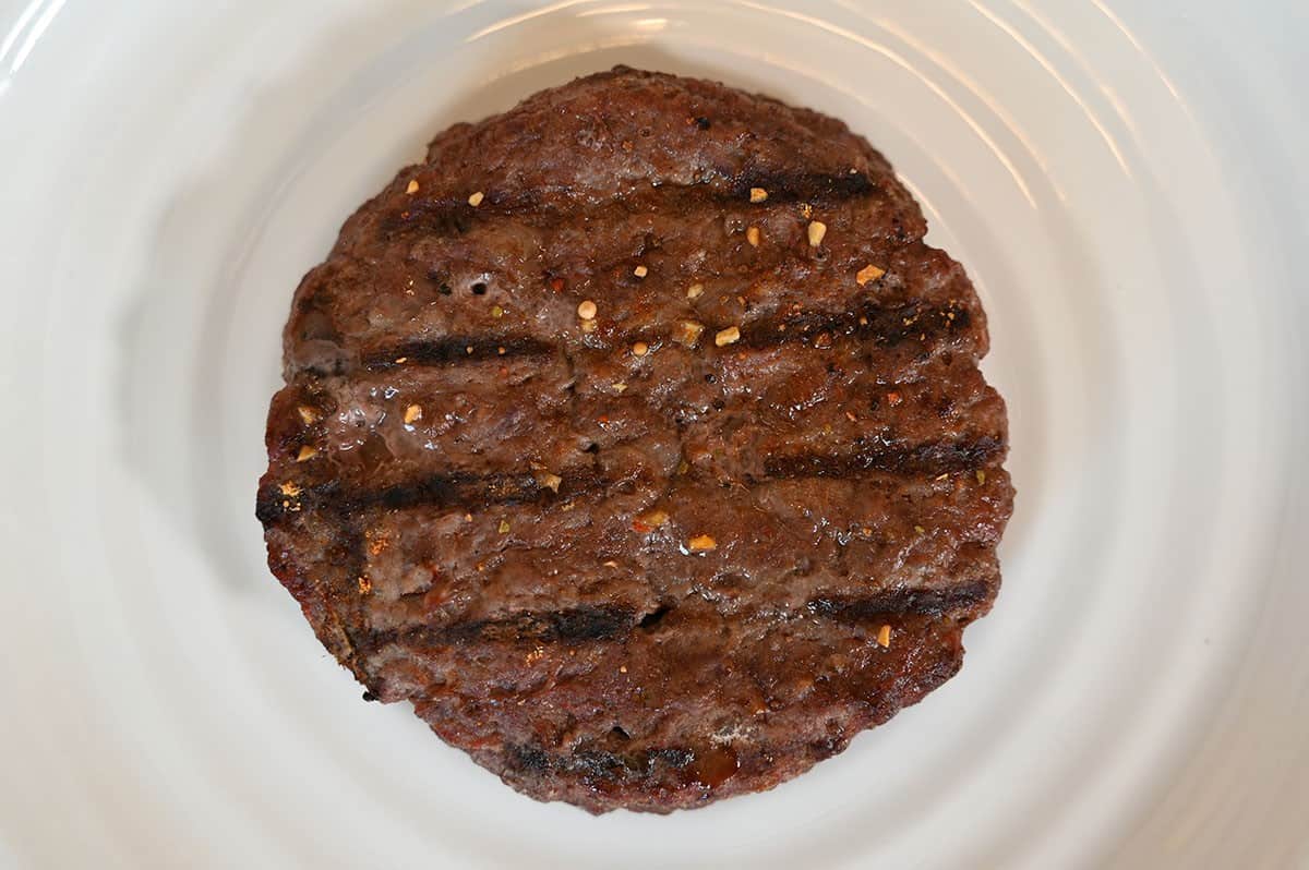 Closeup image of one cooked bison burger on a white plate. 