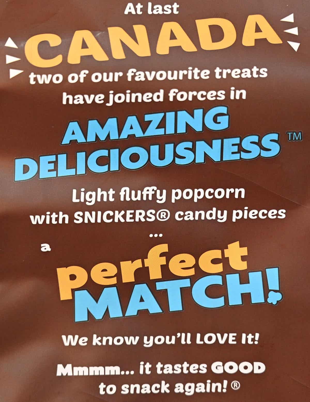 Costco Snickers Candy Pop Popcorn product description from the bag. 