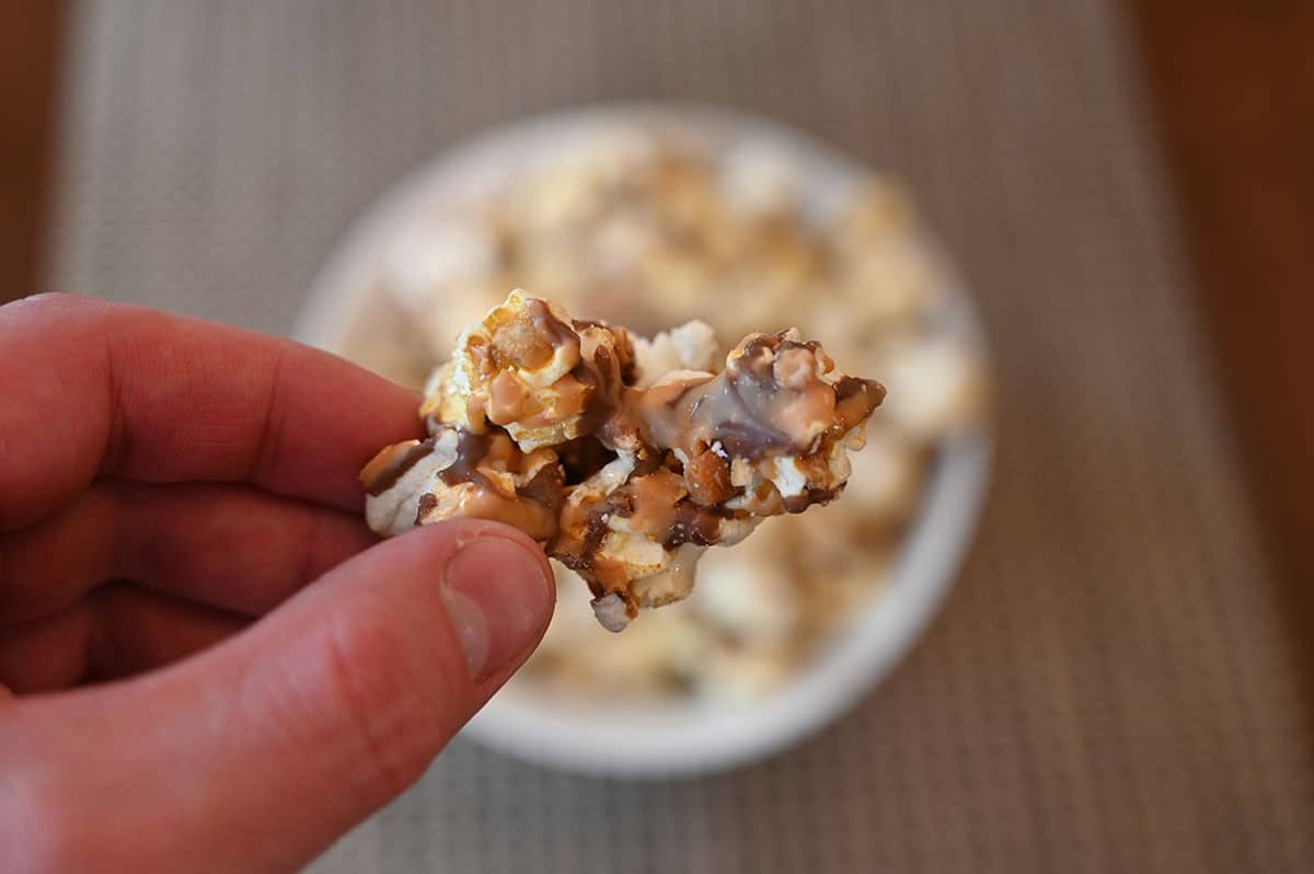 One piece of Snickers Candy Pop Popcorn, closeup image. 