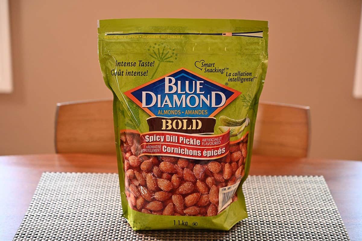 Costco Blue Diamond Spicy Dill Pickle Almonds bag sitting on a table. 