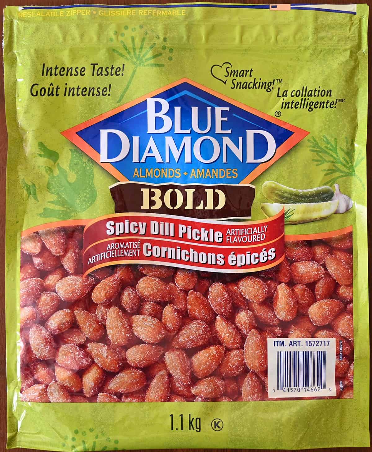 Costco Blue Diamond Spicy Dill Pickle Almonds bag, closeup image. 
