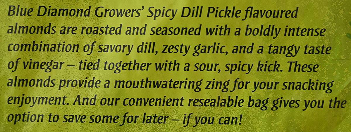 Costco Blue Diamond Spicy Dill Pickle Almonds product description from bag. 