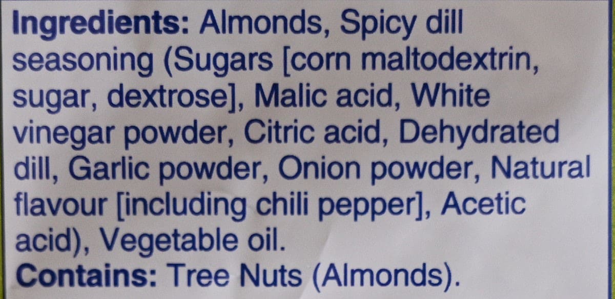 Costco Blue Diamond Spicy Dill Pickle Almonds ingredients from bag. 