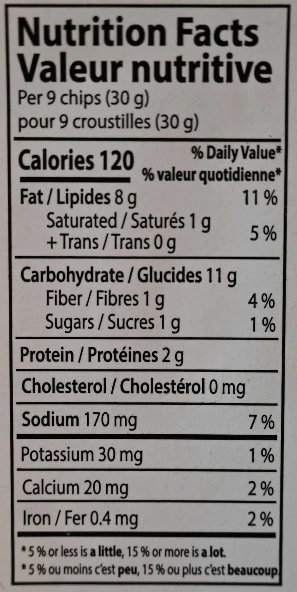 Costco Schwartz Brothers Everything Bagel Chips nutrition facts label from the container. 